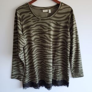 Logo Lounge By Lori Goldstein Women's Size 1X Green Camo Long Sleeve Lace Top